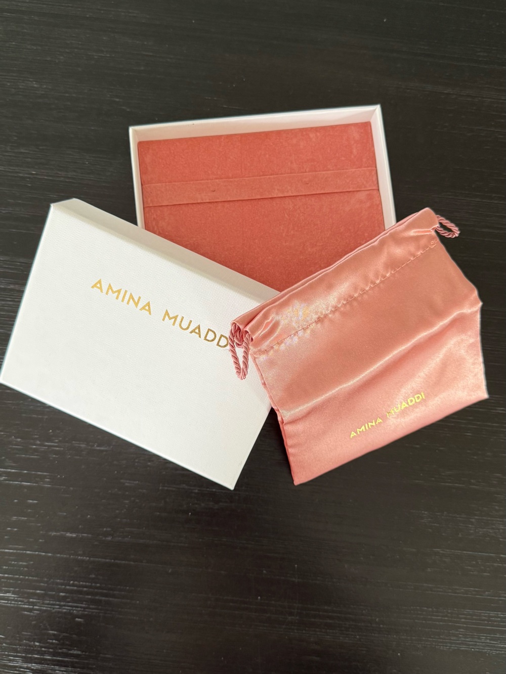 Amina Muaddi Jewlery Presentation Box with Coral Pink Satin Dust Bag